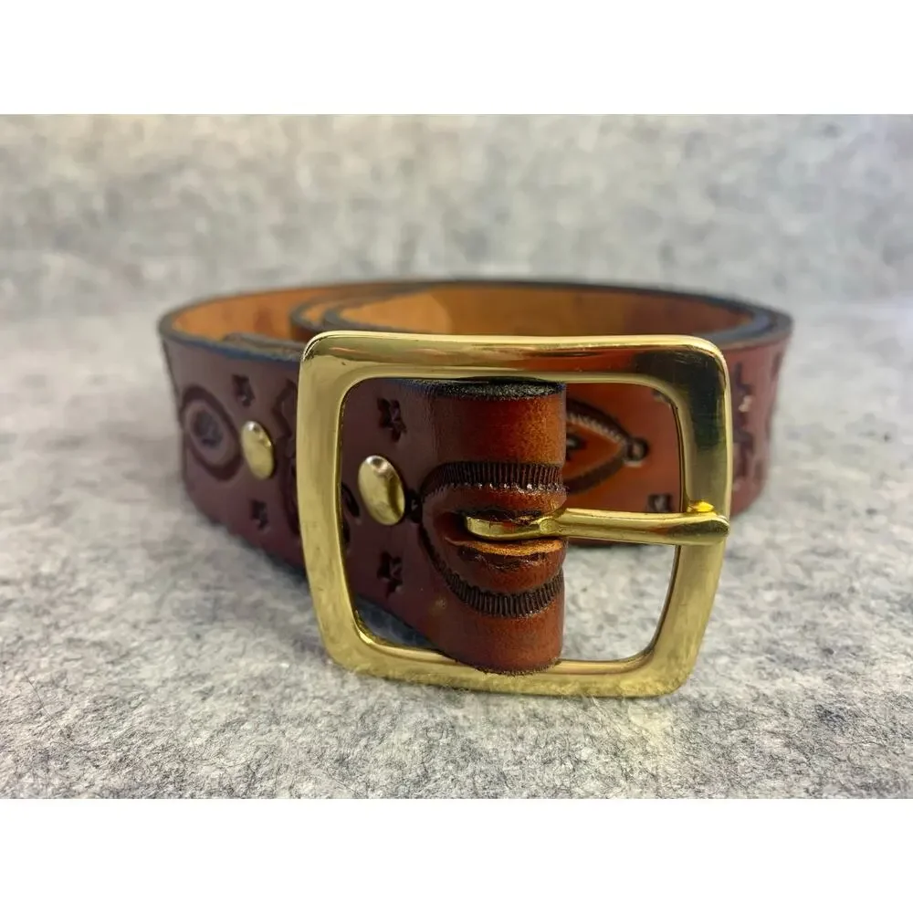River Ridge Leather Belt, Maker Dennis Knight Tooled Brown Woodland Belt Sz 38